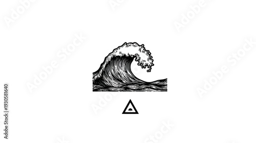 A cresting ocean wave rendered in black and white, with symbol below on white background