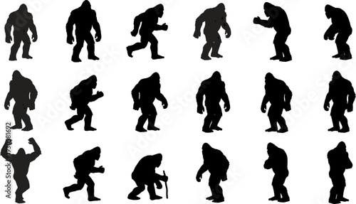 Bigfoot silhouette collection, sasquatch creature walking poses set isolated on white background illustration for cryptid mascot logo design