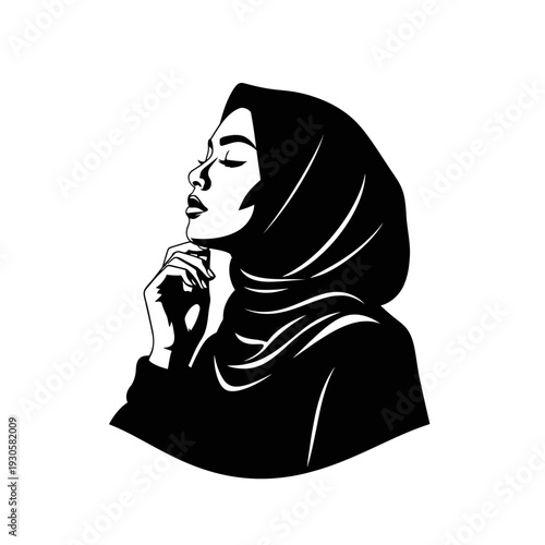 Elegant Silhouette of a Woman in a Black Hijab, Contemplative Pose.
