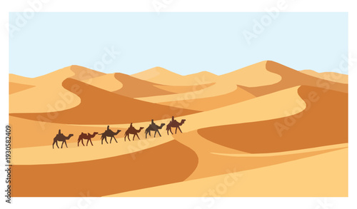 Sand desert landscape vector with camel caravan traveling through dunes daytime