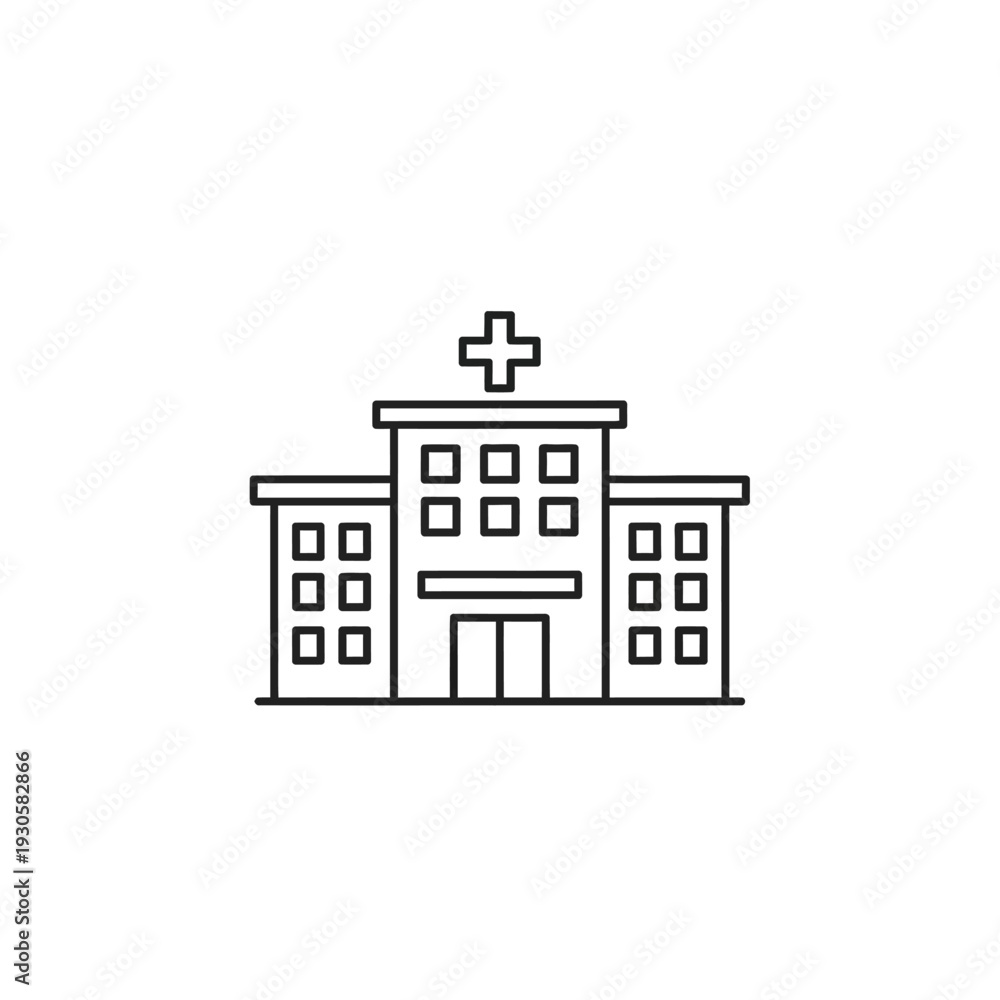 Naklejka premium Modern Hospital Building with Medical Cross Sign for Healthcare Facility
