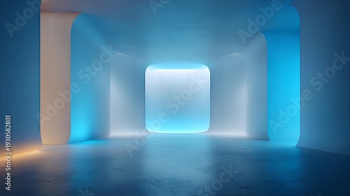 Abstract Minimalist Space with Blue and White Lighting: The image features a minimalistic, contemporary interior, illuminated by a blend of cool blue and warm white lighting.