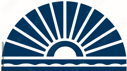 A semi-circular stylized design of a sun with radiating rays above a wavy line and horizon