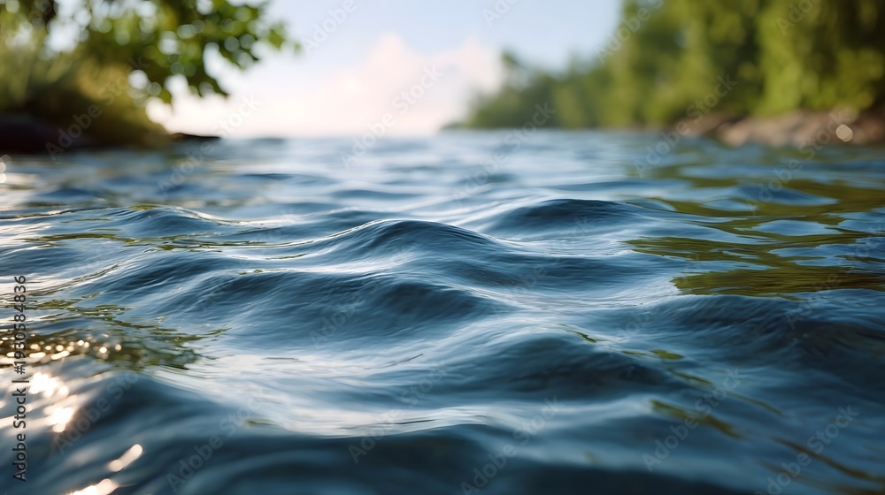 Obraz premium Close up of gentle water ripples catching sunlight on a tranquil natural surface with blurred foliage background