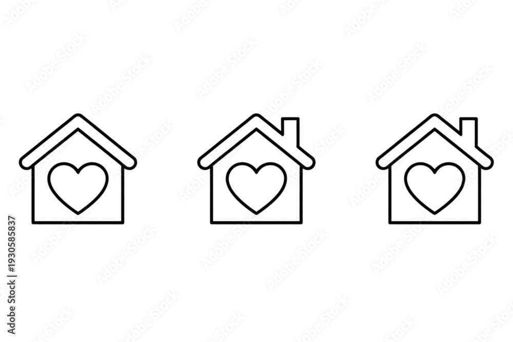 Fototapeta premium Three houses with heart-shaped windows in a row. isolated on transparent background