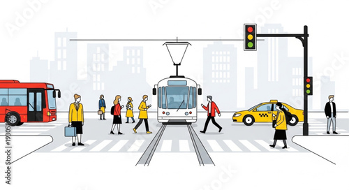 City Street Scene with Tram and Pedestrians.