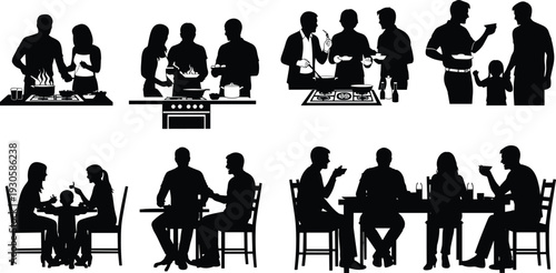 Family silhouettes cooking together in kitchen and dining at tables, communal domestic life, shared meals, social lifestyle illustration artwork concept