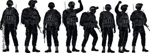 Eight soldier silhouettes in military uniforms with rifles and backpacks, standing in row, unity strength concept, armed forces illustration artwork depiction