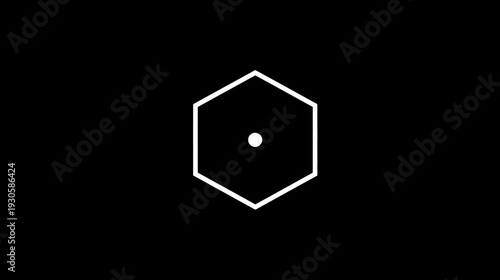 A white outlined hexagon with a centered dot on a stark black background. Simple, minimalist design