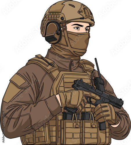 Modern tactical soldier in combat gear holding submachine gun, wearing helmet, balaclava, tactical vest, desert uniform, military equipment, security operations illustration