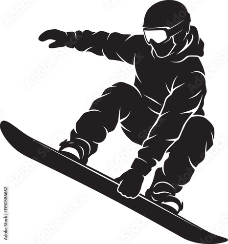 Flat vector silhouette of a snowboarder performing a jump in mid-air. Ideal for winter sports branding, mountain resort logos, and extreme athletics apparel. Clean, modern minimalist design.