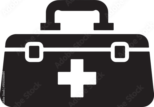 Black First Aid Kit Icon with White Cross medical bag