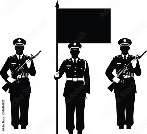 Three military personnel silhouettes in formal uniforms holding rifles and flag, ceremonial honor guard concept, discipline, national representation illustration artwork