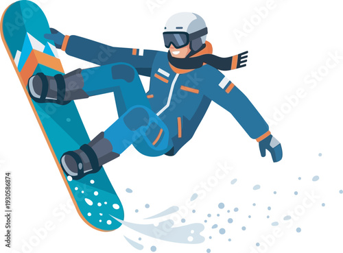 Flat vector illustration of a male snowboarder in a teal suit and scarf performing a mid-air grab trick. Perfect for winter sports branding, resort marketing, and apparel design.