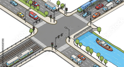 City Street Intersection with River.