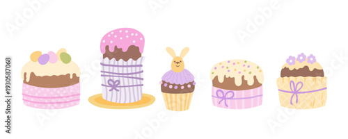 Sweet pastry with cream decorated with paper an ribbon bows . Festive cupcakes decorated with Easter eggs,flowers and cute bunny. Happy Easter design. Vector illustration set isolated on white.