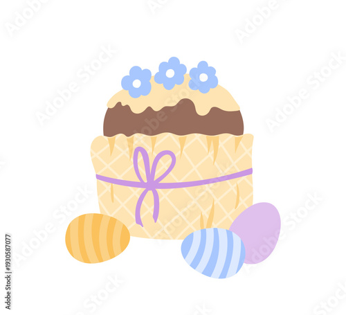 Delicious Easter cake and coloured eggs on white background. Vector illustration.