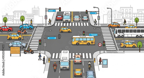 City Street Intersection with Traffic.