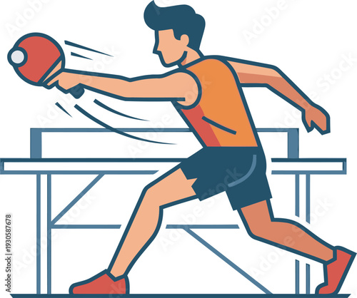 Flat vector illustration of a male table tennis player in an orange tank top and black shorts performing a powerful forehand drive. Perfect for sports club logos and fitness branding.