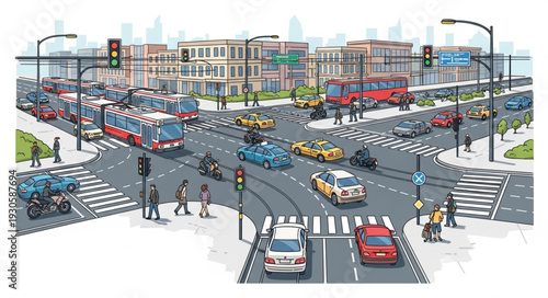 City Street Intersection with Vehicles.