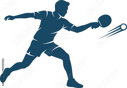 Flat vector silhouette of a male table tennis player in mid-action, striking a ball with dynamic speed lines. Ideal for sports club branding, tournament logos, and athletic apparel.