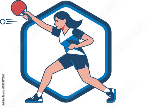Flat vector illustration of a female table tennis player in a blue and white kit striking a backhand shot within a hexagonal frame. Ideal for sports club logos and fitness branding.