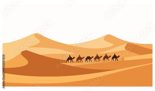 Minimal desert dunes landscape vector with camel caravan flat daytime scene