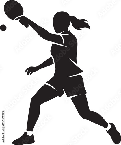 Flat vector silhouette of a female table tennis player in mid-action, striking a ball with a powerful backhand. Perfect for sports club branding, tournament logos, and athletic gear.