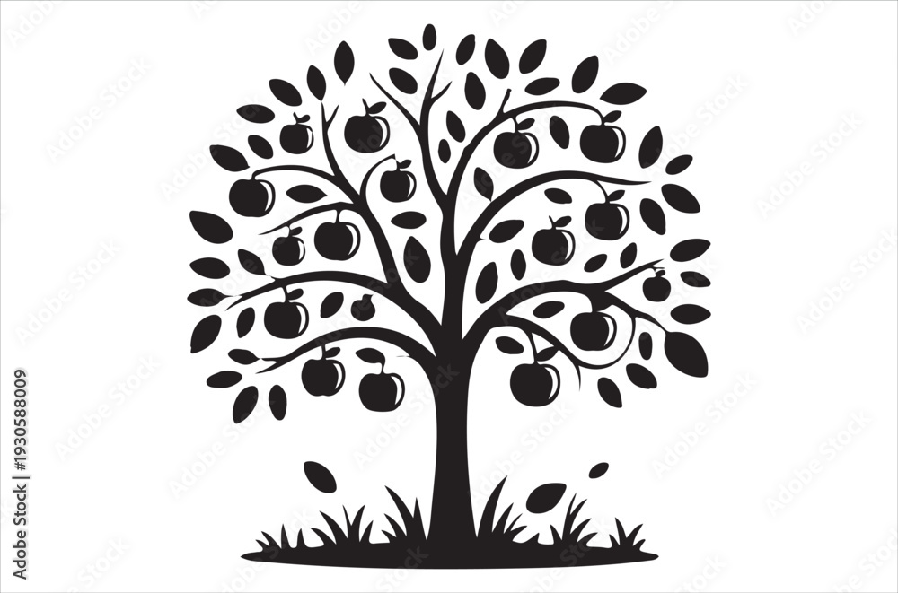 Obraz premium A stylized black silhouette of an apple tree with fruit and grass