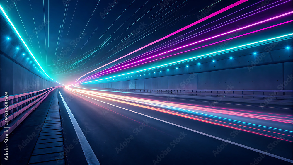 Fototapeta premium Entering a futuristic tunnel at night, with vibrant neon light streaks guiding the way, creating an immersive experience of speed and passage.
