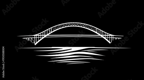 A monochrome illustration of an arched bridge with its reflection in stylized water below