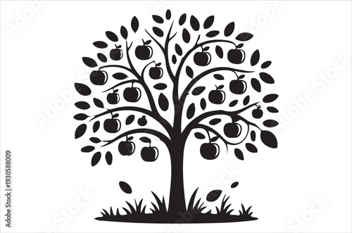 A stylized black silhouette of an apple tree with fruit and grass
