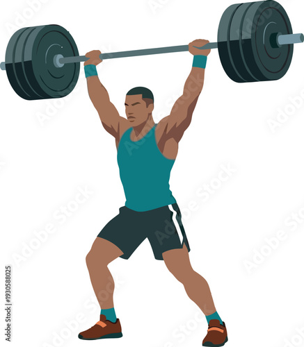 Flat vector illustration of a male weightlifter performing a powerful overhead barbell press. Ideal for gym branding, fitness logos, and professional athletic apparel design. Clean and modern.