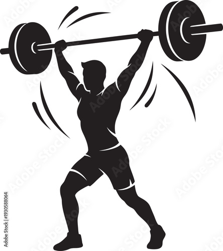 Flat vector silhouette of a male weightlifter performing a powerful overhead barbell press. Perfect for gym branding, fitness logos, and athletic apparel. Modern minimalist black design.