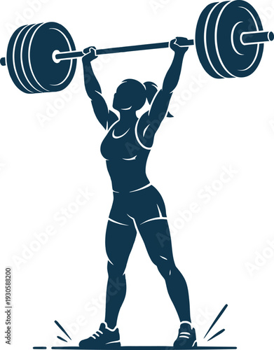 Flat vector silhouette of a female weightlifter holding a heavy barbell overhead in a powerful press. Perfect for fitness branding, gym logos, and professional athletic apparel design.