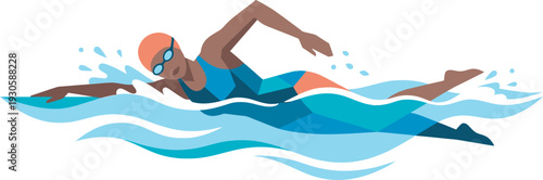 Flat vector illustration of a female swimmer in a blue swimsuit performing a front crawl with vibrant water splashes. Ideal for aquatic sports branding and competitive swimming logos.
