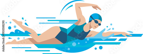Flat vector illustration of a female swimmer in a dark teal swimsuit performing a freestyle stroke with blue water movement. Perfect for aquatic sports branding and swim club logos.