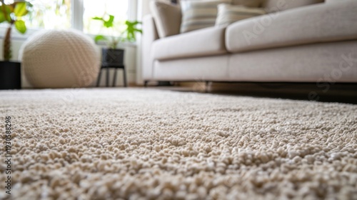 A cozy living room with a plush beige carpet, a light-colored sofa, and indoor plants. Natural light streams through the window, creating a warm atmosphere.