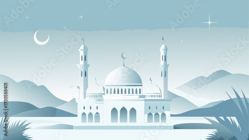 Serene winter scene featuring an illuminated mosque under a starry sky