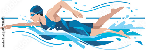 Flat vector illustration of a male swimmer in a blue suit performing a powerful front crawl stroke with dynamic water splashes. Ideal for aquatic sports branding and swim club logos.
