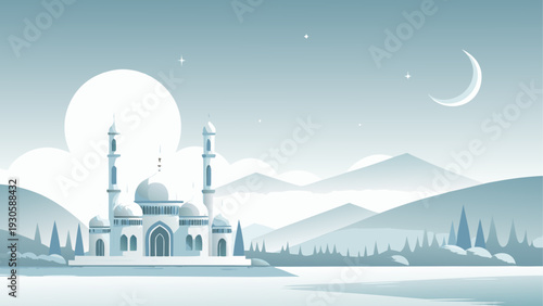 Serene cityscape at dusk with a crescent moon and modern skyline