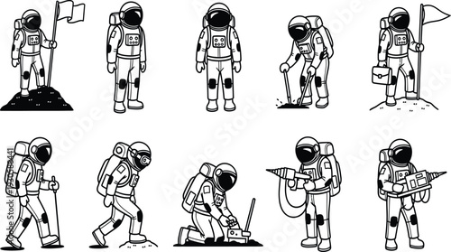 Hand drawn astronaut vector icon set featuring space explorers in spacesuits planting flags walking on moon and doing scientific research