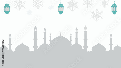 Silhouette of iconic mosque domes with festive lanterns and snowflakes in the background