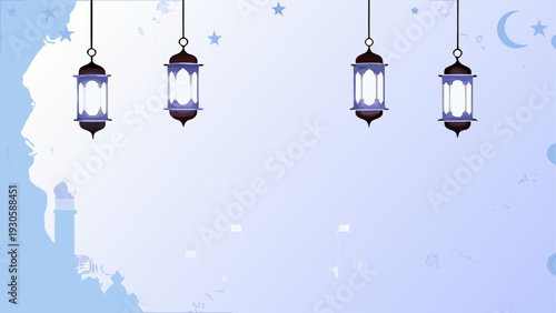 Silhouetted figure beneath floating vintage light fixtures against a serene sky