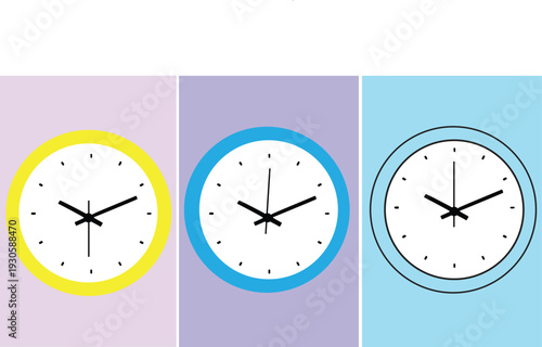 Three modern wall clocks showing 10:10 against colorful backgrounds