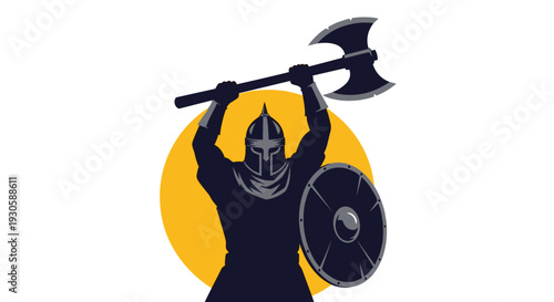 Silhouette of a medieval knight in armor holding a large double headed axe and a shield against a yellow sun background.