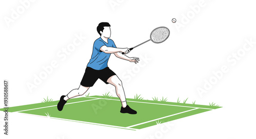 Male athlete playing badminton on a green court, captured in a dynamic pose hitting a shuttlecock with a racket.