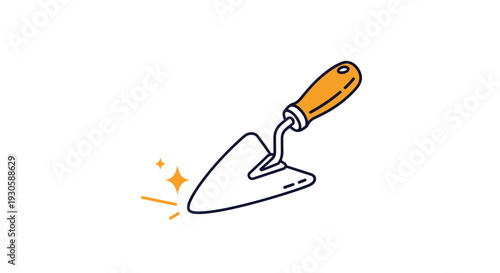 Illustration of a bricklayer's trowel tool with an orange handle and sparkles, representing construction, masonry, and repair work.