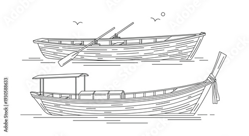 Line art illustration of traditional wooden rowboats floating on water with oars and birds flying in the background.