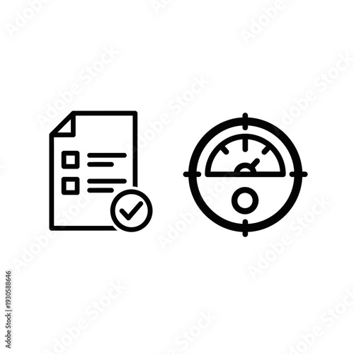 Vector icons representing a completed checklist and an accuracy gauge, symbolizing precision and measurement in business and quality control.